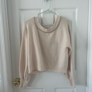 LOFT Cream Jeweled Crewneck Sweater